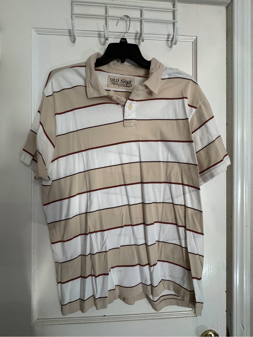 Vintage Old Navy Striped Polo Shirt XXL Mens Beige White Red Collared Y2K